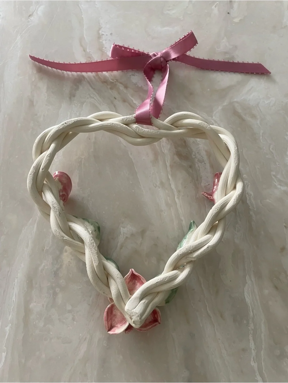 Pottery Ceramic Braided Heart Lily Pink Flowers Green Leaves Ribbon Hanging